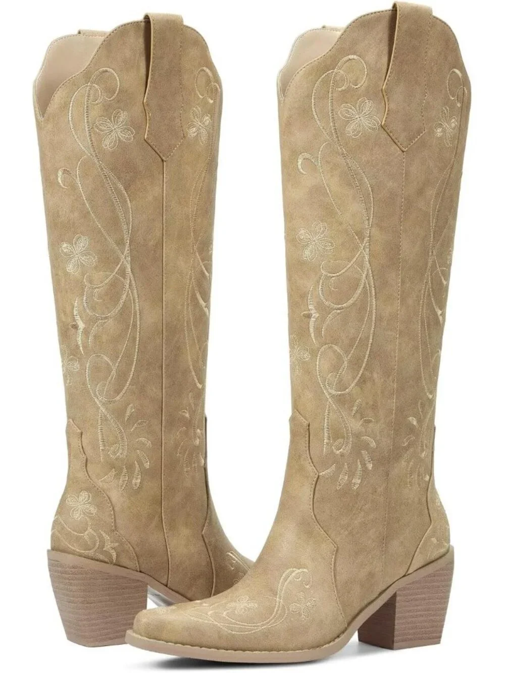 Women's Apricot Floral Knee High Cowgirl Boots Embroidered Pointed Chunky Heel